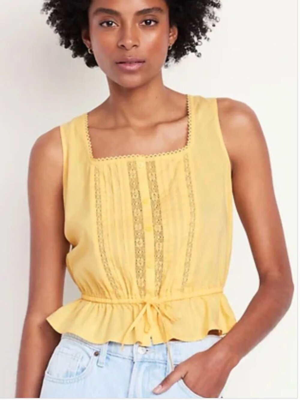 Old Navy Tie-Waist Lace-Trim Top Pintuck Peplum Yellow Golden Aura Medium NWT